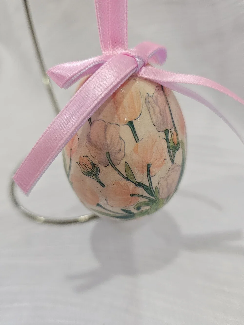 Vintage Pink Paper Mache Floral Easter Egg Ornament with Ribbon